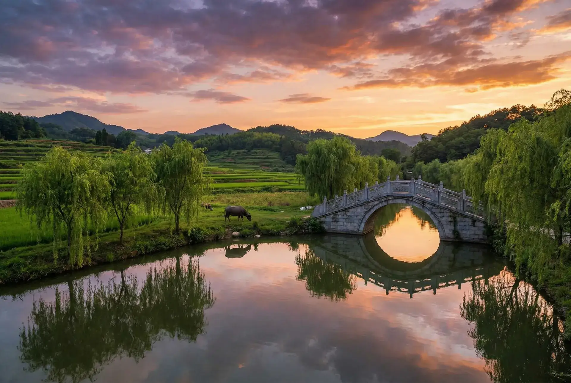 夕阳下的石拱桥与垂柳，水牛在河边吃草 - 两个人的BD高清在线观看视频韩国 乡村美景